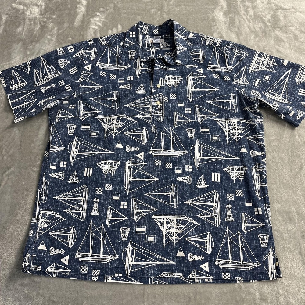 Reyn Spooner Shirt Mens‎ XL Blue Sailboat Nautical Print Hawaiian Button Up